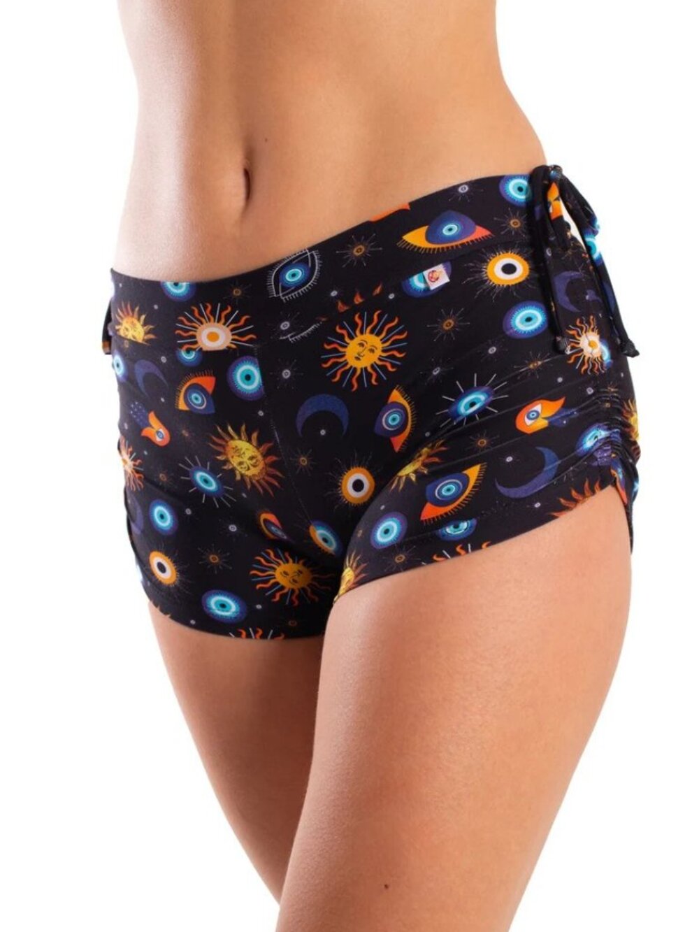 Shakti Yoga Bikram Black Micro Shorts / Sun, Moon, Evil Eyes & Hamsa Hand